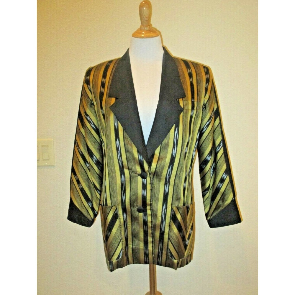 Thai Silk Jacket Blazer Shoulder Pads Gold Black Long Line Size Medium